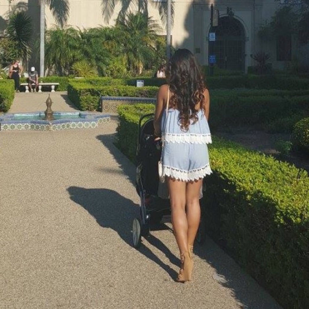 Boho Denim Romper | Feather details // Small
